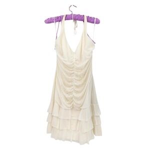 Rampage Women XL Cream Sequin Ruched Tiered Ruffle Halter Mini Dress Y2K Fairy